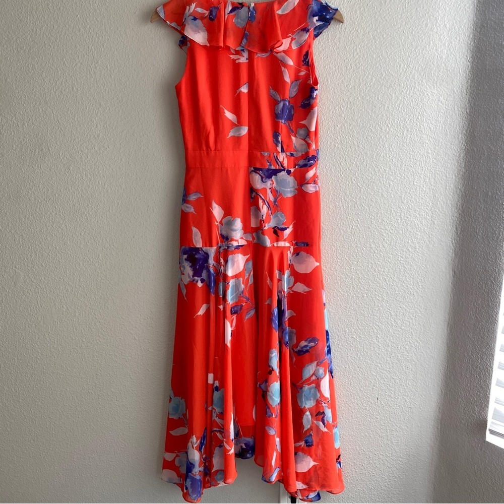 Eliza J floral Ruffle Midi Dress v neck Orange Red - Picture 6 of 8